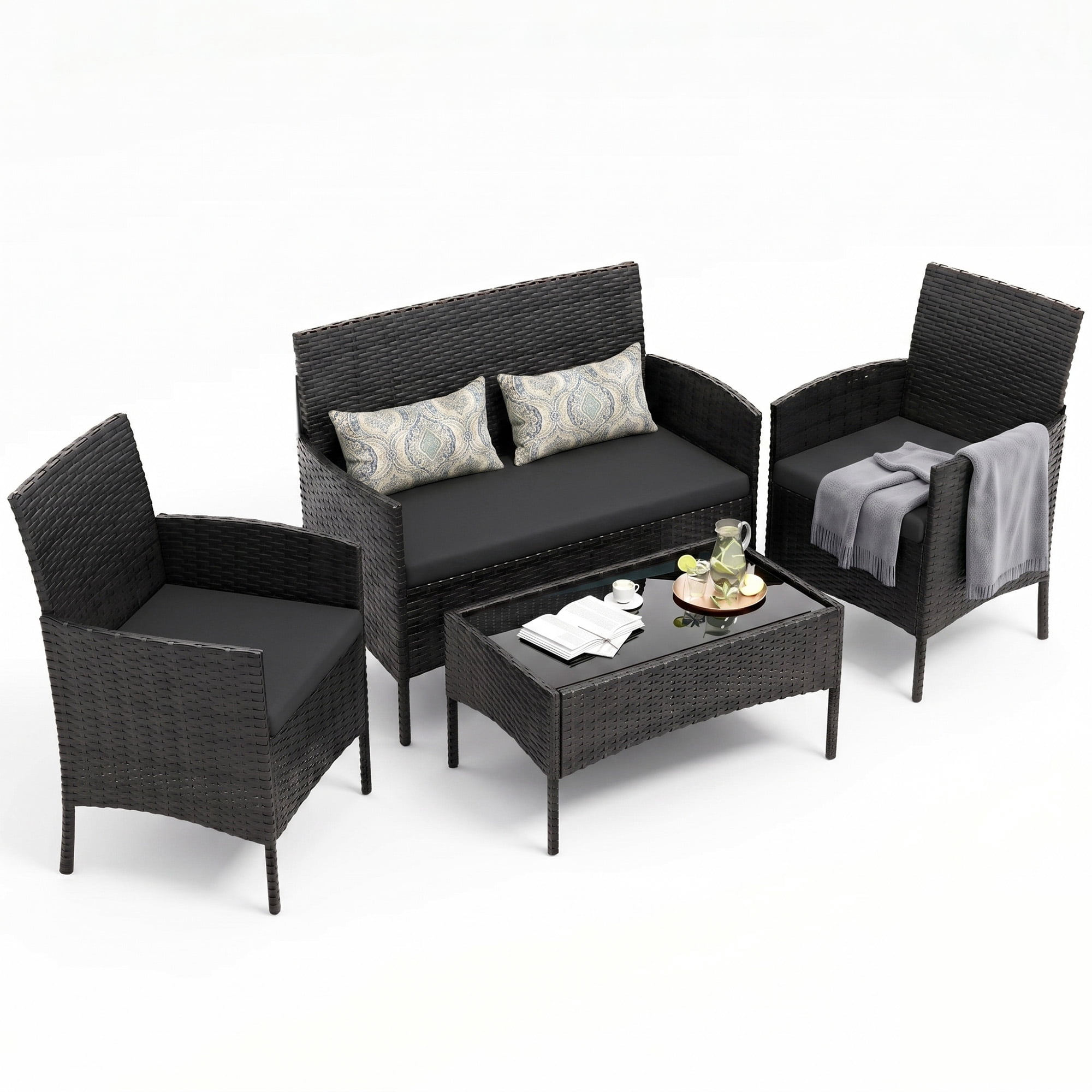 Tappio 4 Piece Patio Conversation Wicker Furniture Set, Porch Furniture Outdoor Sectional Furniture Set w/Side Table & Cushions, Wicker Sofa Garden Conversation Set for Yard Pool Backyard,Black/Black
