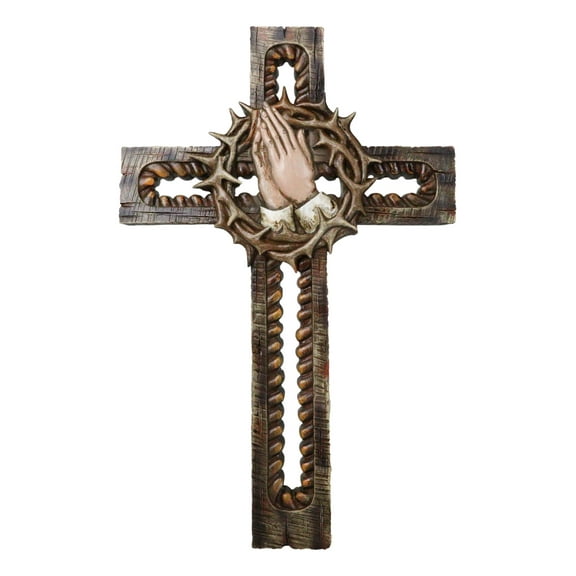 Praying Hands With Crown of Thorns Faux Wooden Rustic Cutout Wall Cross