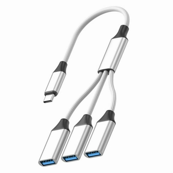 USB C to 3 Port USB 2.0 Hub OTG Adapter Braided Cable Data Transfer for Phone Tablet Laptop Charging Multiple Devices