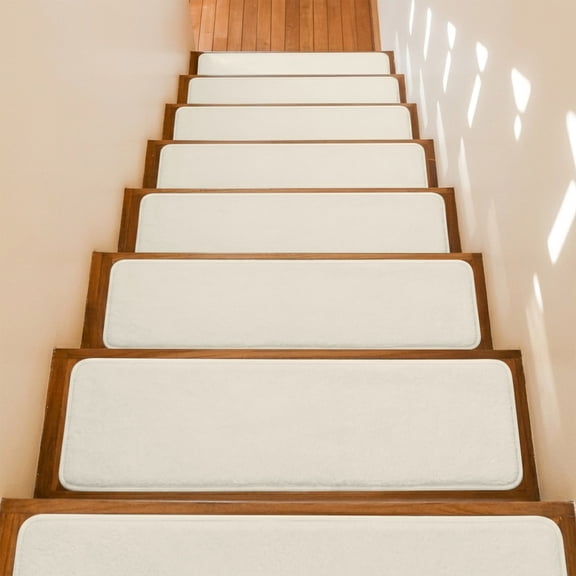 Cream Stair Treads Non Slip for Steps Solid Color 10 Pcs Reusable Adhesive Stair Runner Mats for Dogs Elders Carpet Treads Rugs for Staircase 8x30 In