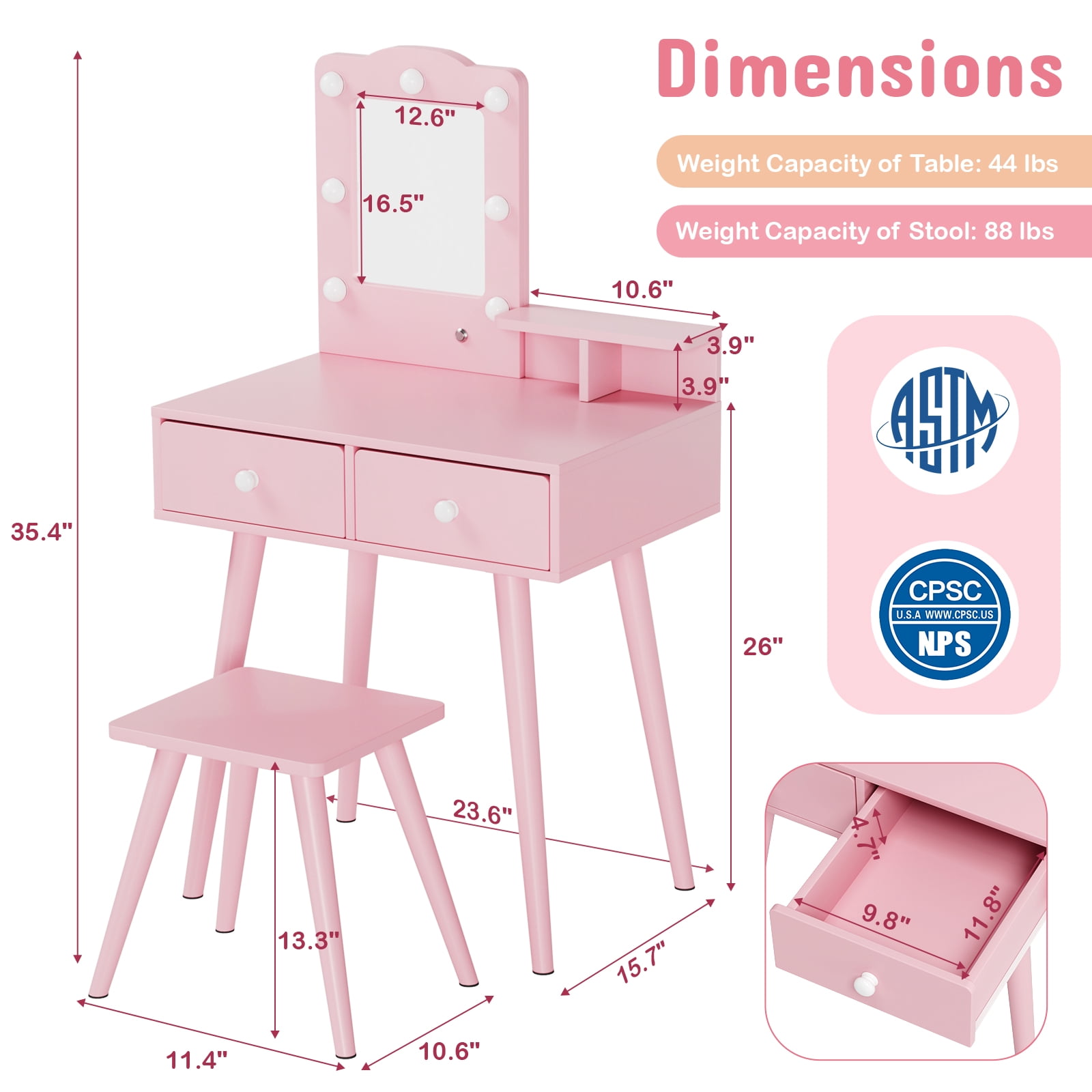 Arlopu Kids Wooden Vanity Table and Stool Set, Toddlers Makeup Dressing Table with Mirror, Drawer & LED Lights