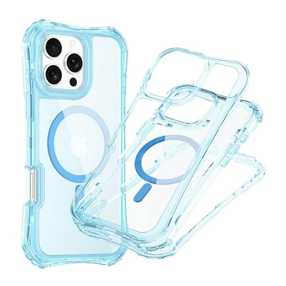 for iPhone 12 Pro / iPhone 12 6.1" Magnetic Case, [Compatible with Mag-Safe] Translucent Clear Phone Case Slim Shockproof Triple-Layers Drop Protective Hybrid Cover with Wrist Strap, Blue