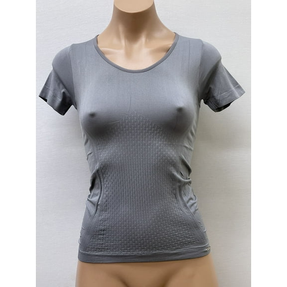 Women Seamless Short Sleeve Round Neck Fancy Vshape Design Material Blouse Top Stretch Tee Shirts