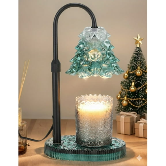 Adjustable Height Candle Warmer Lamp with Timer, Dimmable All Glass Candle Lamp Warmer Wax Warmer Lamp with 2 Bulbs, Elegant Home Decor (Emerald Tree)