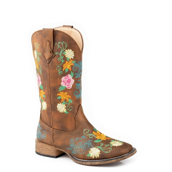 Roper Womens Bailey Floral Embroidered Square Toe Cowboy Casual Mid Calf B