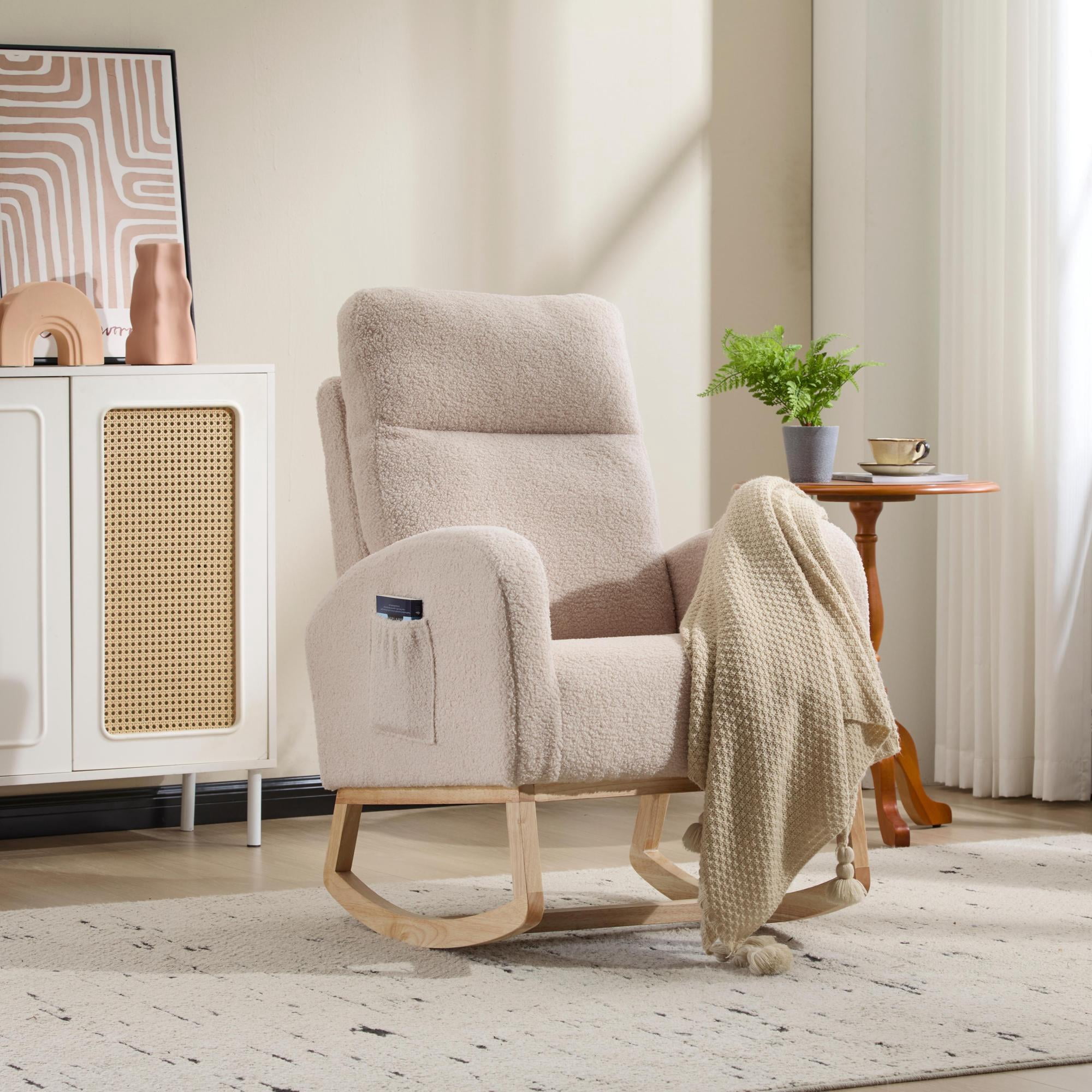 Leumius Rocking Chair Nursery, Teddy Fleece Upholstered Glider Rocker Chairs w/ Curved Solid Wood Base & Side Pocket,Modern High Backrest Nursing Accent Rockers for Living Room, Bedroom,Beige