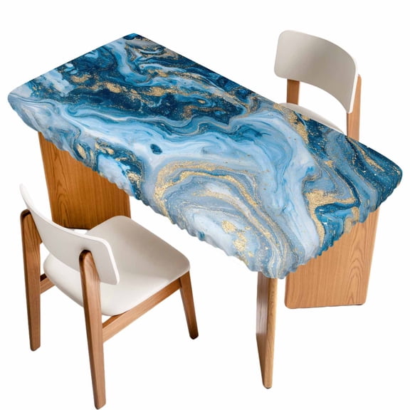 Blue Gold Marble Table Cloths for 5 Foot Rectangle Tables, Modern Abstract Geometric Gradient Patio Waterproof Elastic Fitted Tablecloths, Washable Rectangular Table Cover for Camping