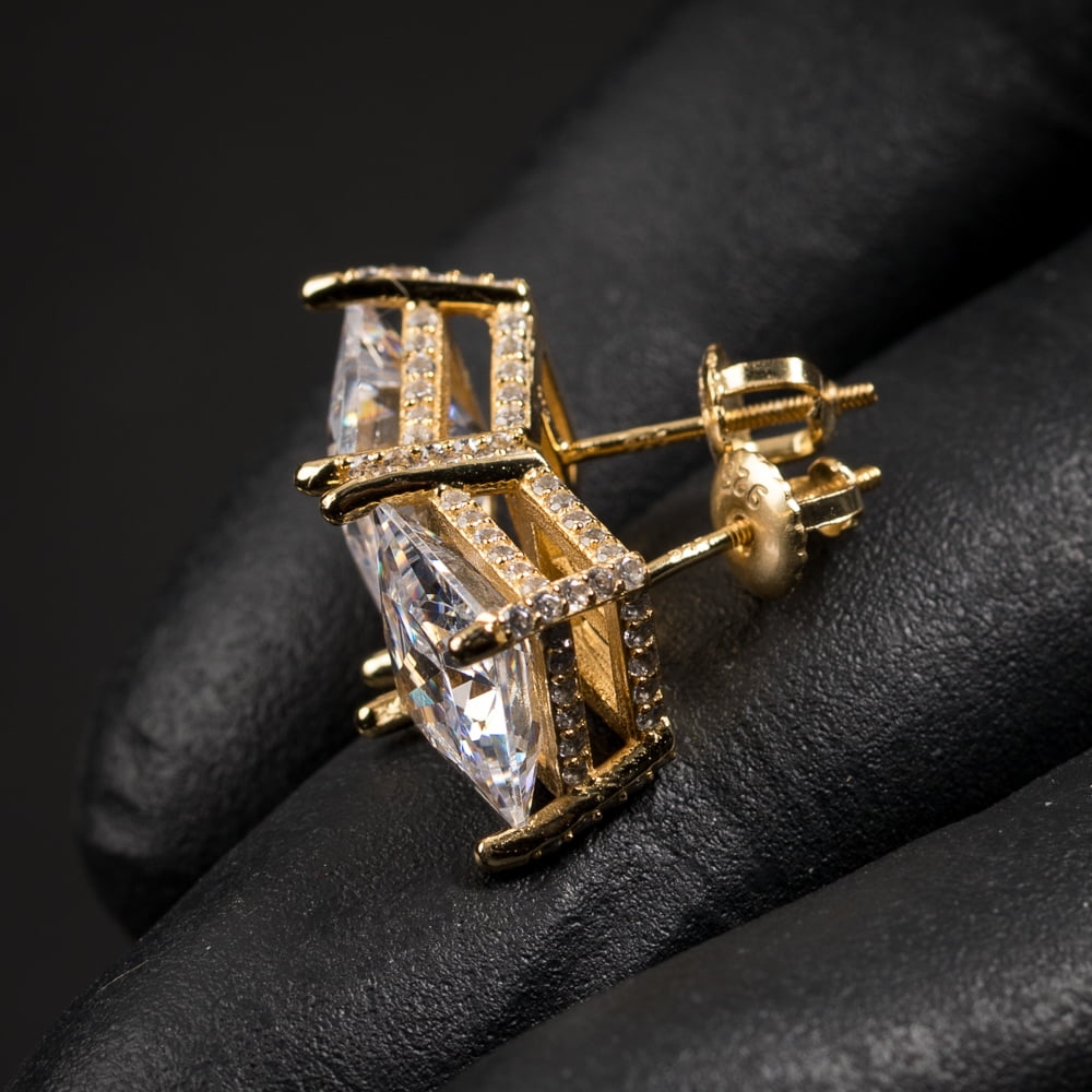 Men's Large Square Yellow Gold Plated 925 Sterling Silver 3D Unisex Iced 5A Cz Micro Pave Big Square Shape Princess Cut Hip Hop Screw Back Stud Earrings Jewelry Gifts For Men Women