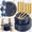 Blue and Gold, variant on 350Piece Dinnerware Set for 50 Guests - Gold Plastic Plates with Disposable Cutlery - 50Dinner Plates-50Dessert Plates-50Pre Rolled Napkins with Silverware for Wedding/Mother's Day
