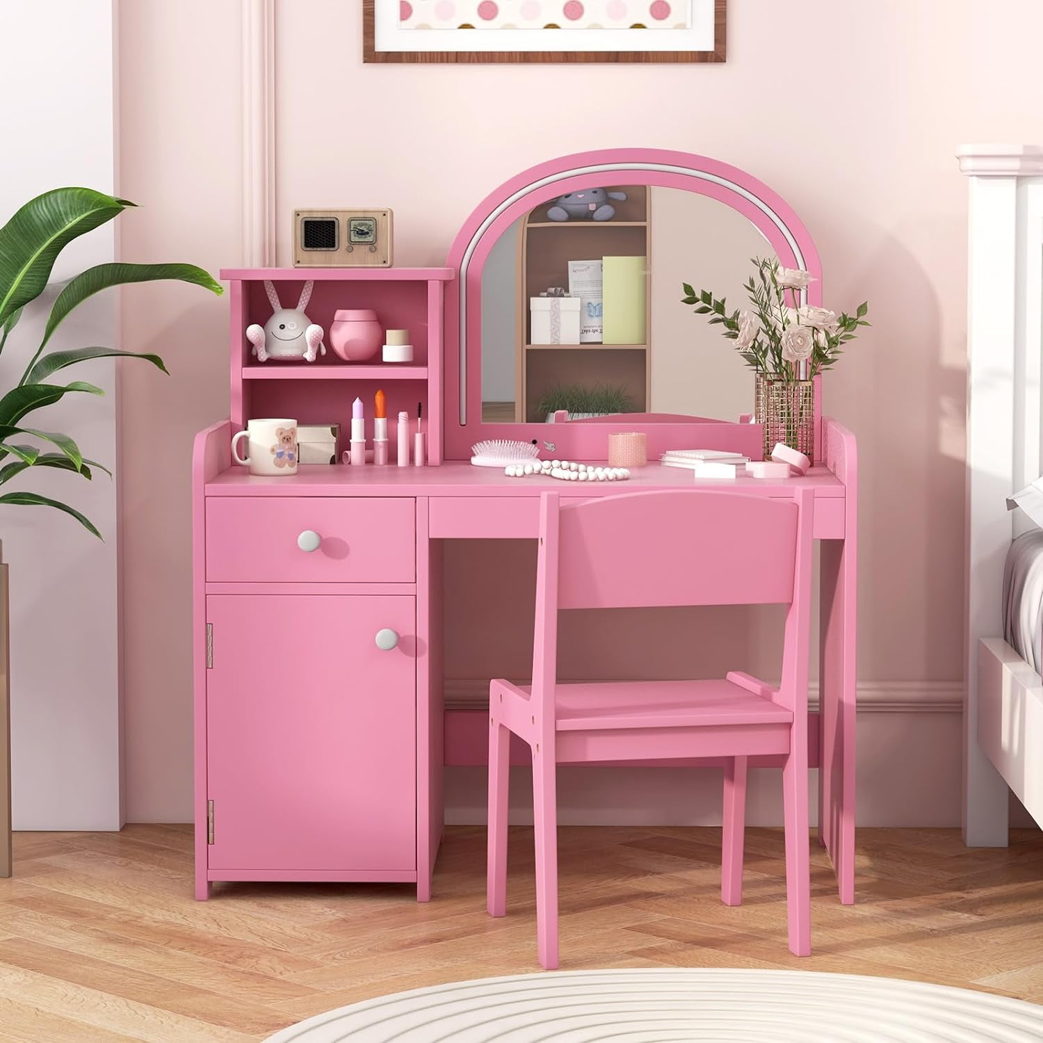INFANS Kids Vanity, Princess Makeup Desk and Chair Set with Lights Mirror Drawer Storage Shelves, Wooden Dressing Table, Pretend Play Vanity Set for Toddler Girls
