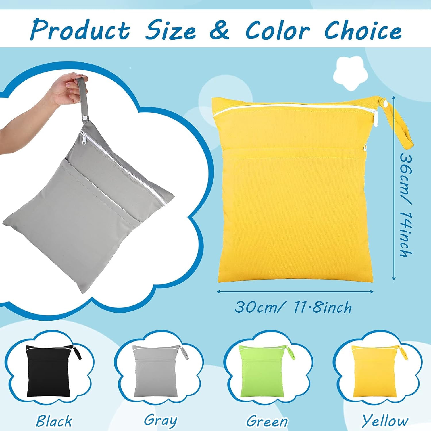 EUZODNAK 4 Pcs Wet Dry Bag for Baby Cloth Diapers Waterproof Wet Bag Washable Travel Bag Reusable Cloth Diaper Bag with 2 Pocket Toddler Swim Wet Bag for Travel Beach Pool