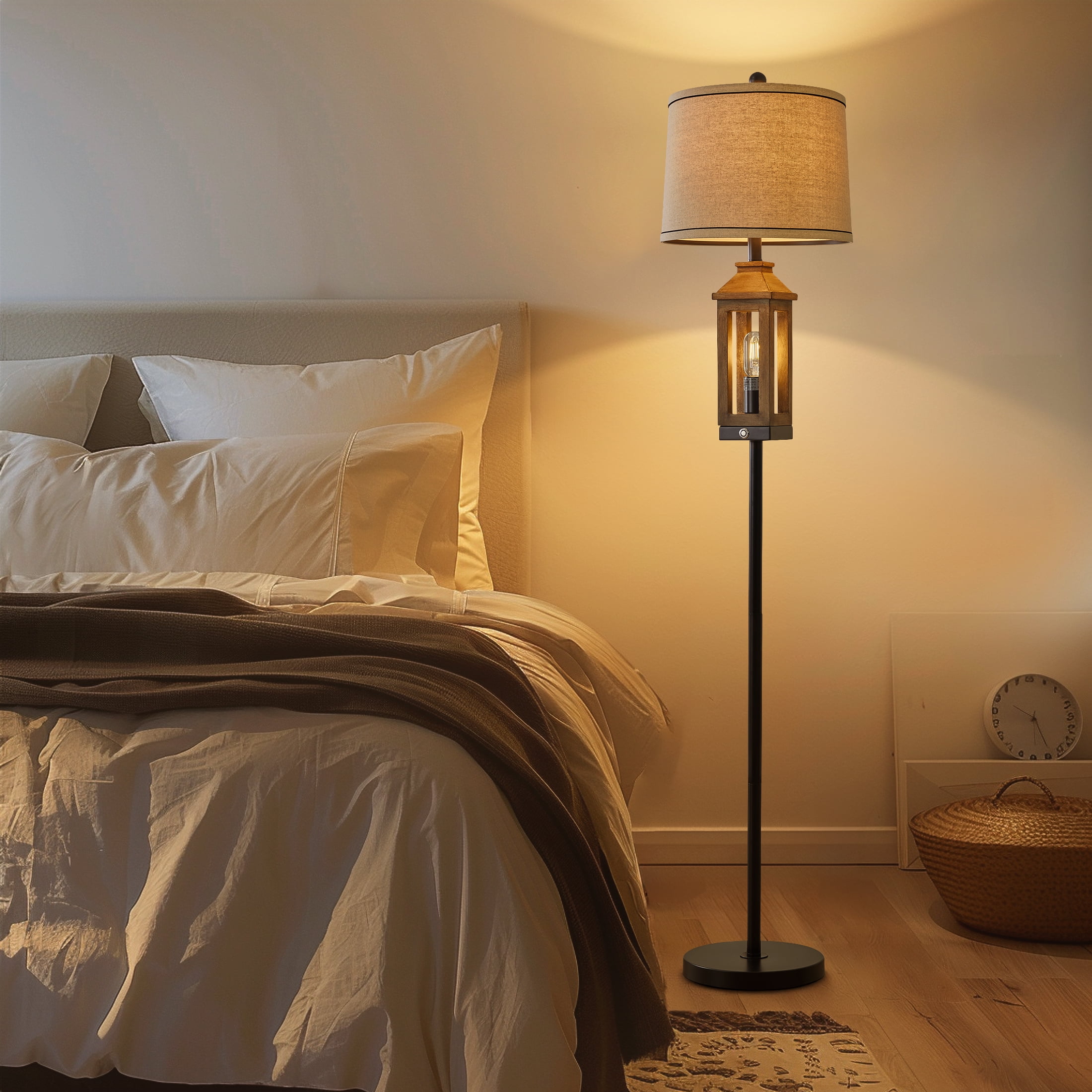 Oneach 63" 3 Way Dimmable Farmhouse Floor Lamp with 2 Light Sources ,Brown Metal Tall Standing Lamp for Bedroom, Living Room, Home