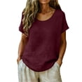 thumbnail image 3 of Dvprdro Womens Short Sleeve Crew Neck Tops Solid Cotton Linen Feel Pullover Blouses Casual Summer Shirts, 3 of 6