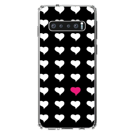 DistinctInk Clear Shockproof Hybrid Case for Samsung Galaxy S10 (6.1" Screen) - TPU Bumper, Acrylic Back, Tempered Glass Screen Protector - Pink White Black Repeating Hearts