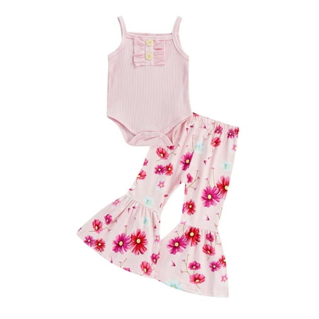 

Genuiskids Toddler Baby Girl Romper Outfit Ribbed Sleeveless Sling Jumpsuit Floral Print Flared Trousers Cute Two-Piece Set