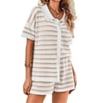 thumbnail image 3 of Women Short Sleeve Striped 2 Piece Pajama Sets Crochet Knit Button Top & Shorts Lounge Sets, 3 of 6