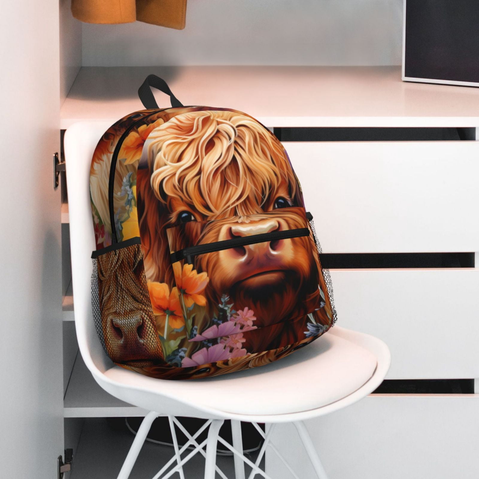 Horeoi Countryside Colorful Floral Cow Print Casual Backpack for School Work Travel Hiking with Laptop Compartment and Side Pockets Lightweight Design
