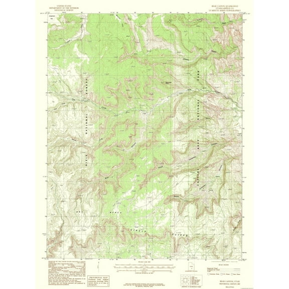 Topographical Map - Bear Canyon Utah Quad - USGS 1987 - 23 x 30.49 - Vintage Wall Art