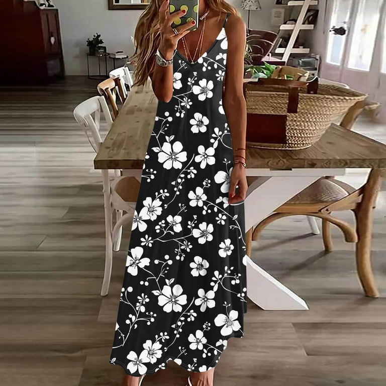 Atogsazn Summer Dresses for Women Casual Maxi Boho Floral Printed Sleeveless A-Lined Dress V Neck Clothes Fashion Black S