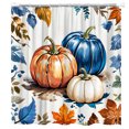 thumbnail image 1 of Cortina de ducha de calabaza de otoño con diseño bohemio de hojas de arce otoñales, cosecha de Acción de Gracias, acuarela, floral, rústica, estilo granja, cortinas de baño con ganchos, 1 of 5