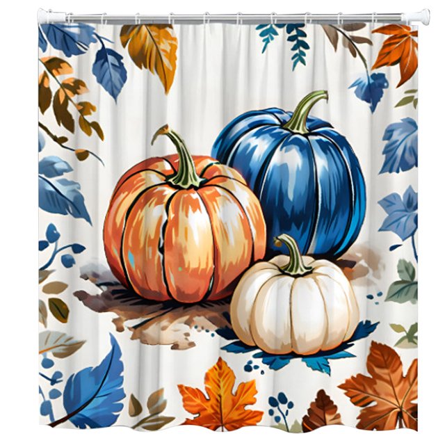 Cortina de ducha de calabaza de otoño con diseño bohemio de hojas de arce otoñales, cosecha de Acción de Gracias, acuarela, floral, rústica, estilo granja, cortinas de baño con ganchos