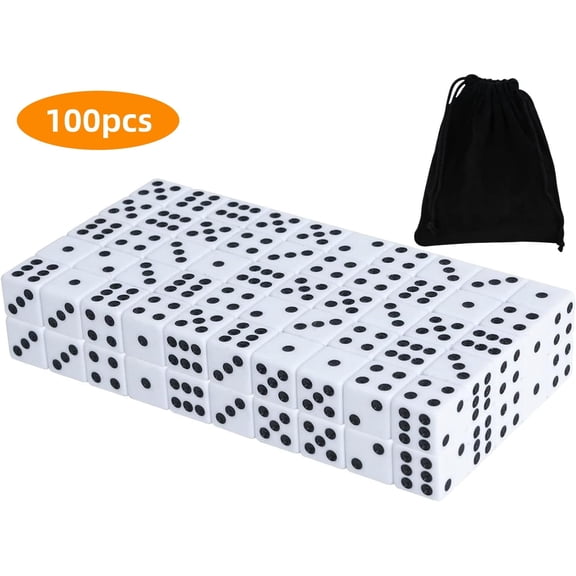 WLGJL 13.8MM White Dice - Six Sided Standard Opaque White Dice with Black Pips Dots for Board Games（100 Pack）