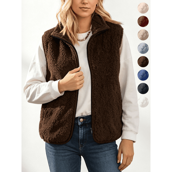 Fleece Vest Jacket for Women Solid Color Fall Winte Casual Cozy Fluffy Sleeveless Stand Collar Outerwear Vests,Sizes S-2XL