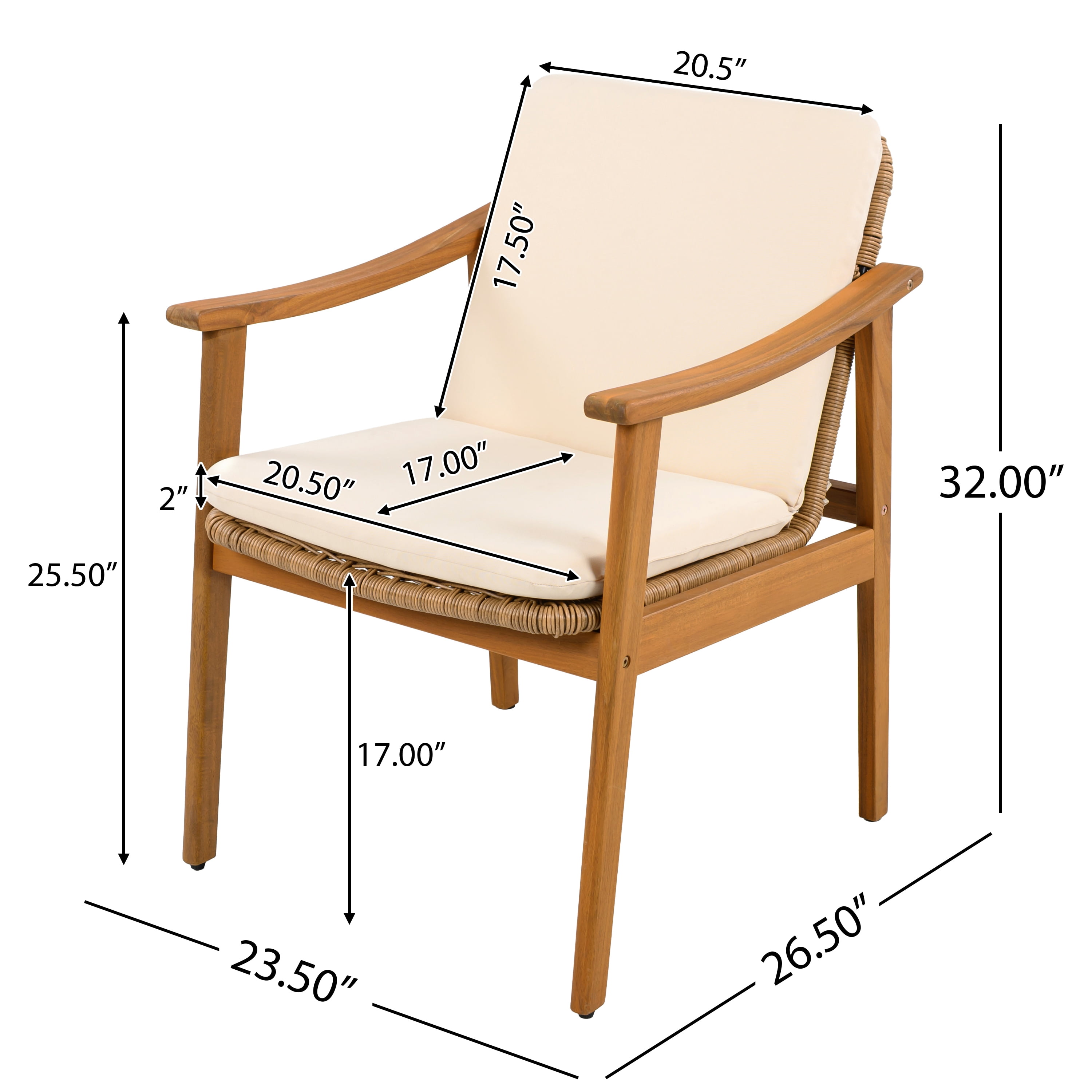 Outdoor Dining Chairs Set of 2, Teak Color Acacia Wood Frame Brown PE Wicker Beige Waterproof Cushion, Teak