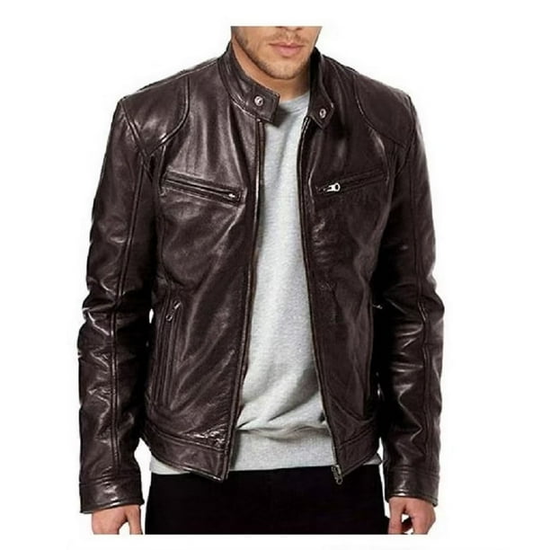 Chaqueta de piel sintética con cuello alto para hombre en estilo de traje de negocios y ajuste ceñido.