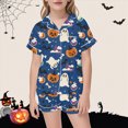 thumbnail image 2 of Cdudpw Halloween Pajamas Set Toddler Girl Silk Pajamas Halloween Print Short Sleeve Button Up Shirt Top Pants Pjs Sleepwear Outfits(A004-Blue), 2 of 4