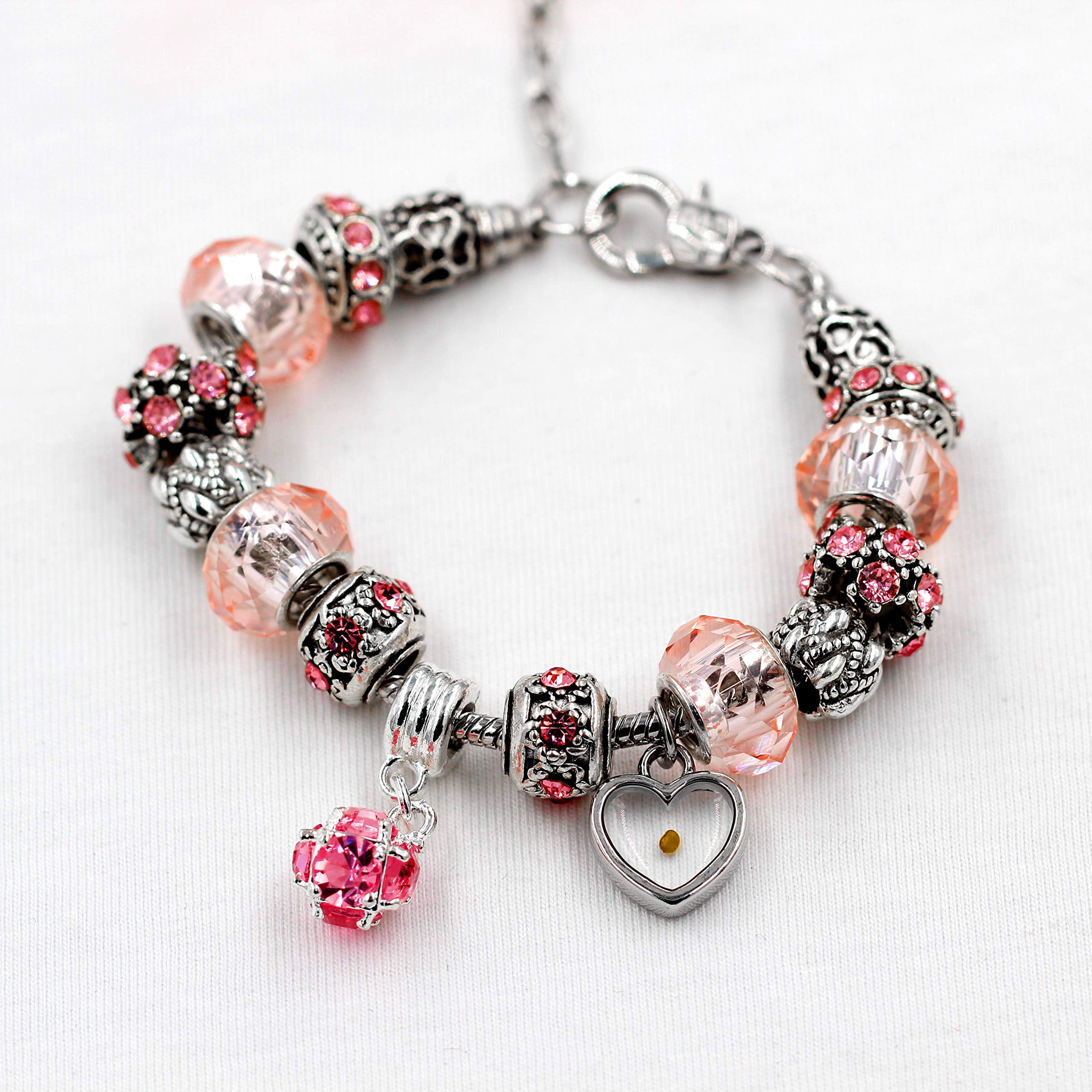 Silver Tone Love Snake Chain Pink Crystal Beaded Charm Bracelet with A  Piece of My Heart is in Heaven Memorial Jewelry Y807 (Pink) 