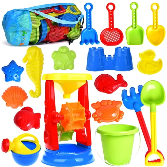 Beach Toys 19 Piece Sand Toys Set Kids Sandbox Toys Includes Water Wheel Beach Tool Kit Bucket Watering Can Molds Sand Toys Mesh Bag For Travel Beach Toys For Kids Ages 3-13