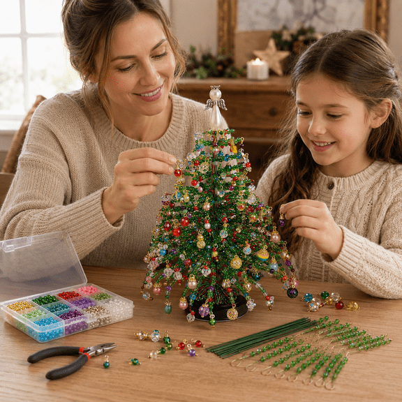 DIY Beaded Christmas Tree Kit, Sparkling Bead Tabletop Holiday Decoration, Complete Supplies with Instruction for Family Handmade Christmas Ornament Green