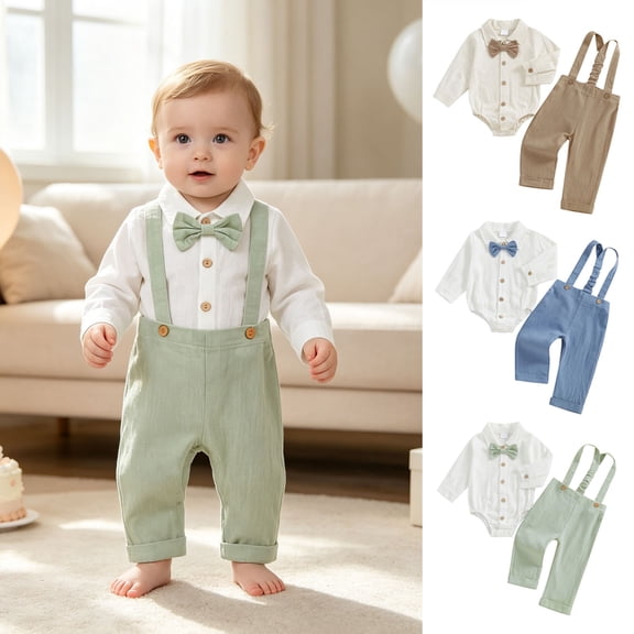 Pandaie Baby Gentleman Outfit Collared Long Sleeve Button Bodysuit & Suspender Pants Cuffed Hem Baptism Formal Clothes Set Blue,9-12 Months
