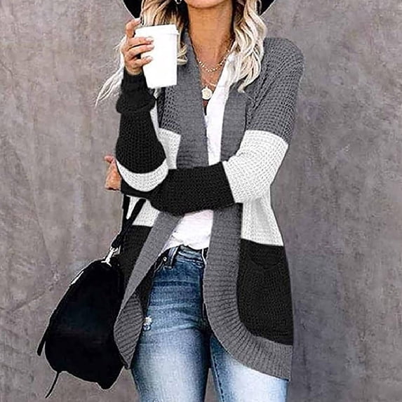 Meichang Color Block Knit Sweater Cardigan for Women Chunky Long Sleeve Open Front Cardigans Casual Fall Cardigan Sweaters with Pockets Black S