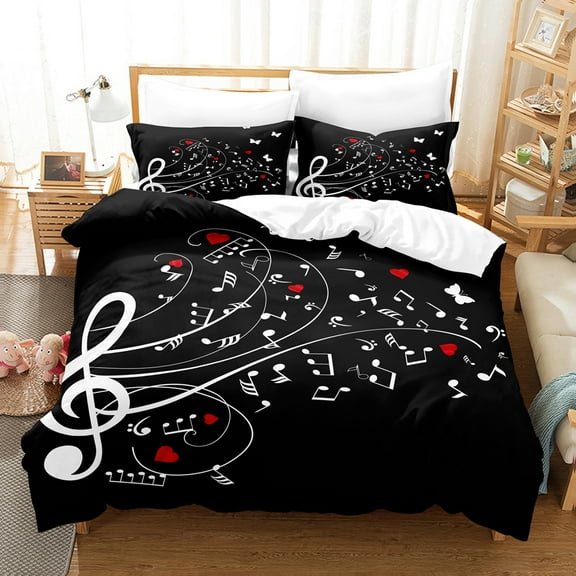 YJHDM Music Bedding Set 3D Music Notes Down Duvet Cover Pillowcase Black Quilt Cover for Musicians