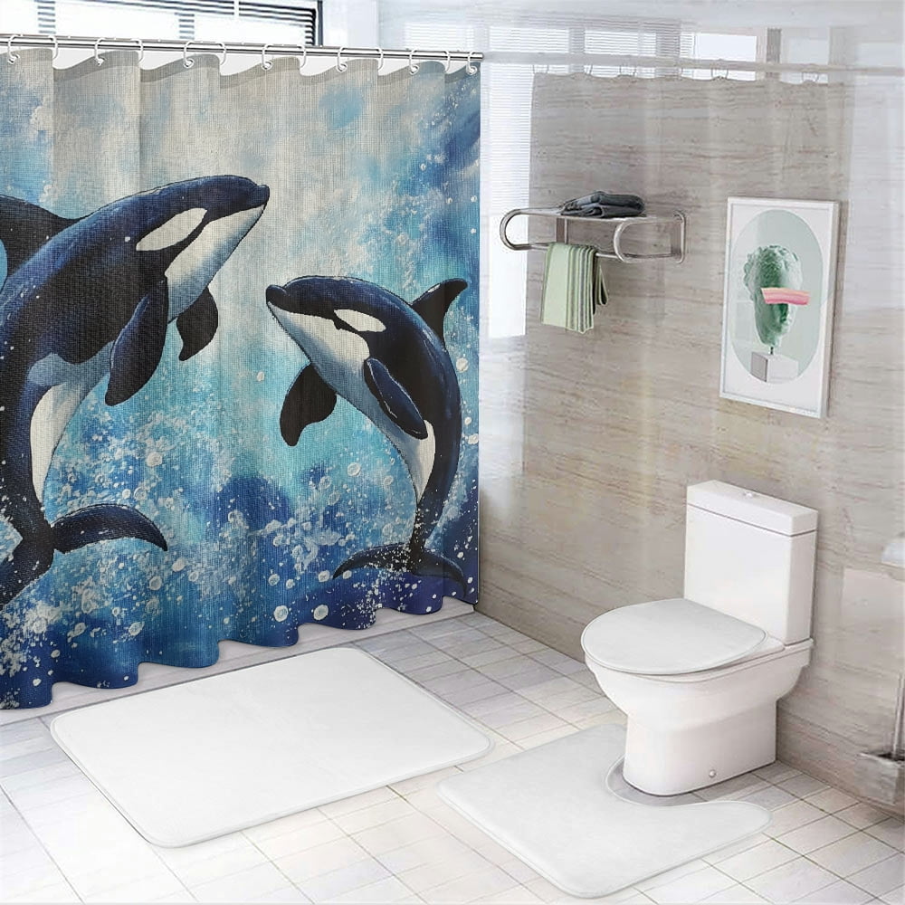 Patifu Whales Ocean Bubbles Washable Shower Curtain Set with Hooks 100% Polyester Fabric Waterproof Bathroom Curtains 69"x72