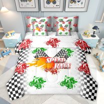 Homewish Motorcycle Speed Race Bedding Comforter Set 7pcs for Female Men Women,Geometric Plaid Grid Queen Bedding Sets Super Cozy,Extreme Sport Queen Sheet Sets,Luxury Bedroom Decor,Reversible