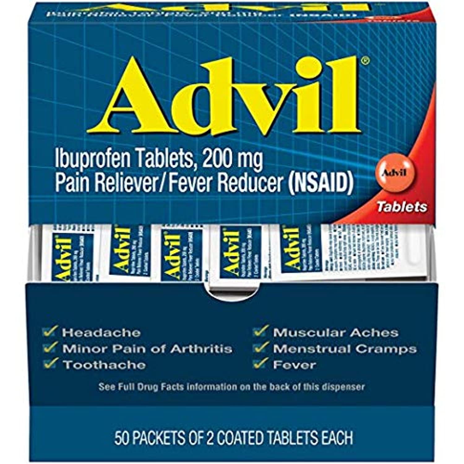 50 Packets of 2 Capsules Pain/Fever  Reliever Coated Tablet, Individually Sealed, 200mg Ibuprofen, Travel Pack (2 Pack)
