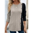 thumbnail image 4 of Women'S Color Block Button Asymmetric Long Sleeve Shirt, Light Button Trim, Side Slit Waist Top Khaki L, 4 of 8
