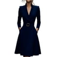 thumbnail image 2 of Women's Work Dress Office Dress Long Sleeve V-Neck Solid Color Waist Defining Full Skirt Maxi Dress for Commuting Spring Fall,Navy,S, 2 of 4