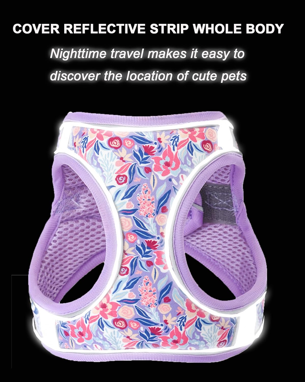 XS Light Purple Flower Pattern Dog Harness and Leash Set,No Escape Puppy Harnesses for Training Walking，Breathable Adjustable Puppy Vest for Small Medium Dogs, Cats (Light Purple, XS)
