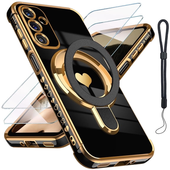 Dteck for Samsung Galaxy A17 5G Case with Screen Protector (2 Pack), Love Heart Kickstand Plated Edge Slim Soft TPU Shockproof Phone Cover,Black