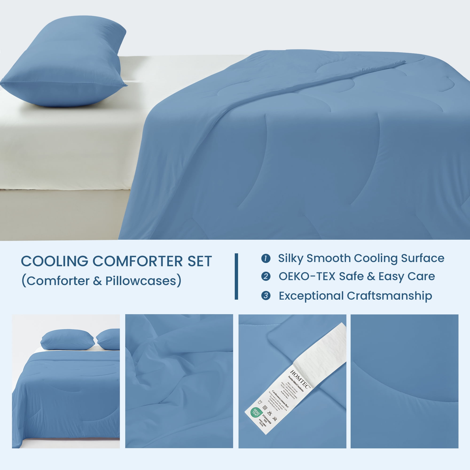 HOMTEC Cooling Comforter Twin/Twin XL Size, Q-MAX＞0.4 Cool Tech Blanket for Hot Sleeper, Lightweight Silky Smooth Bed Comforter, Blue