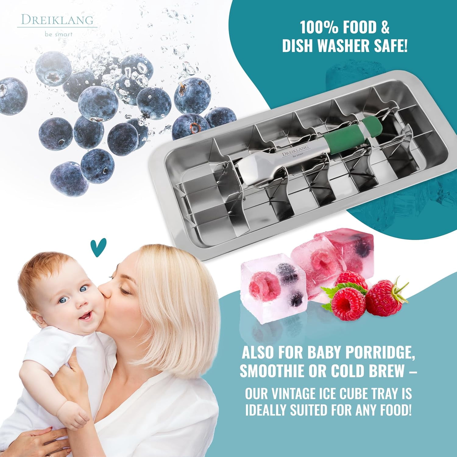 Stainless Steel Polished Set 2-Pack Ice Cube Tray for Freezer with Lever Insert | Easy Release Cold-Insulated Grip | Food-Safe  Ice Maker