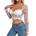 thumbnail image 1 of Seyurigaoka Women Summer Sexy Crop Tops, Long Sleeve V Neck See-through Lace Patchwork Navel Vest, 1 of 7