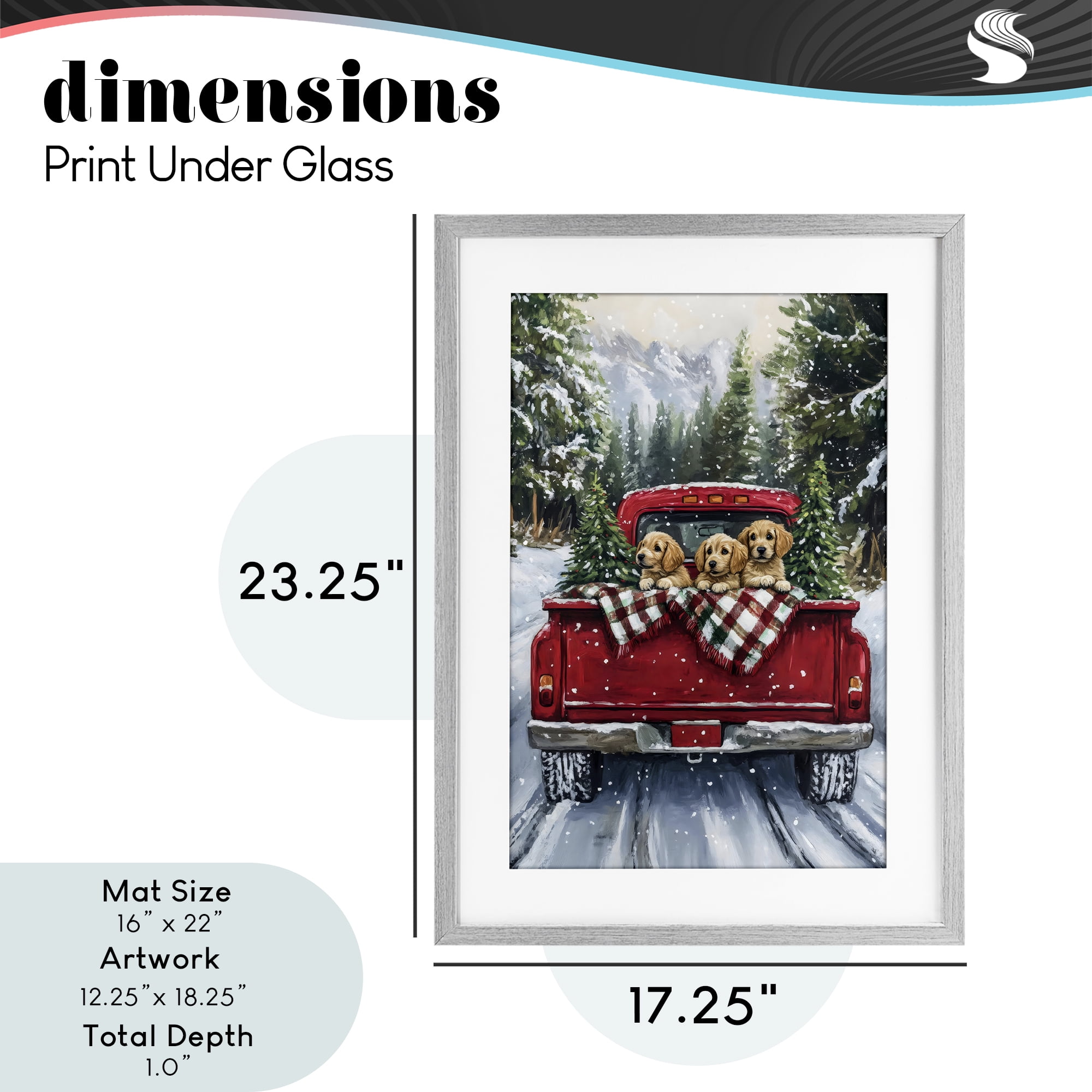 Golden Pups Christmas Truck Gray Framed Print Under Glass, design by Petal Prints Design