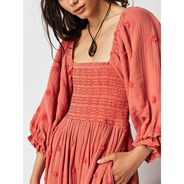 Komoo Women Boho Midi Dress Lantern Sleeve 3D Flower Embroidered Tiered Flowy Swing Long Dress Walmart