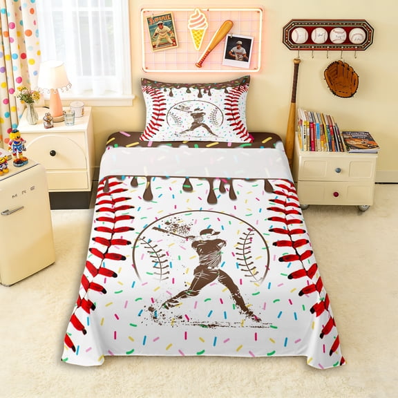 Erosebridal Brown Dripping Baseball Stitch & Batter Silhouette Graphic Twin Sheet Sets 3pcs, Baseball Graphic Bedding for Boys And Girls Kids,Microfiber Bedroom Decor