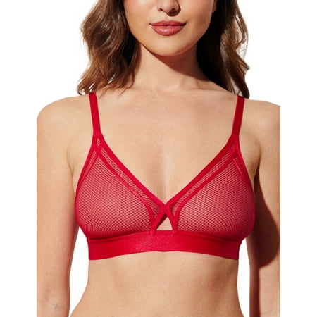 Wingslove Women s Sheer Mesh Bra See Through Sexy Lace Unlined Wireless Plunge Triangle Bra with Silicone Nipple Cover  Lava Red 34D